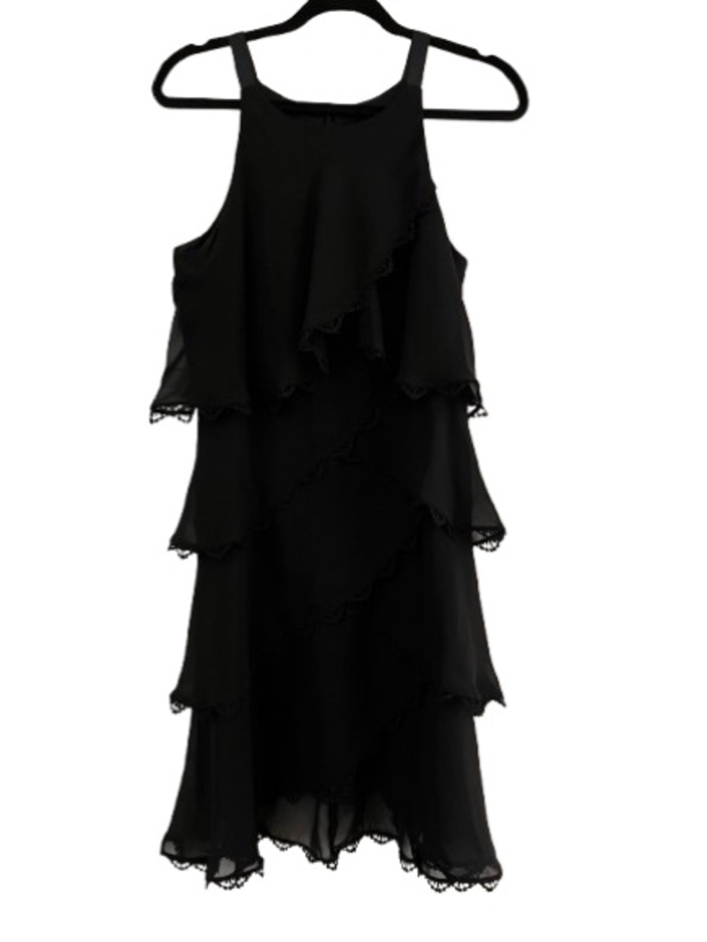 S.L. Fashions Black Lace Trimmed Chiffon Tiered Ruffle Midi Dress Sz 12